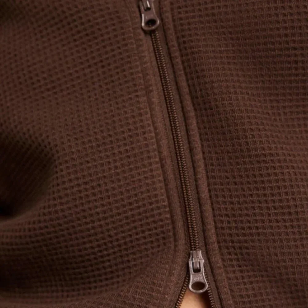 Negative Underwear Waffle Knit Zip-Up Hoodie M Brown - Picture 4 of 10